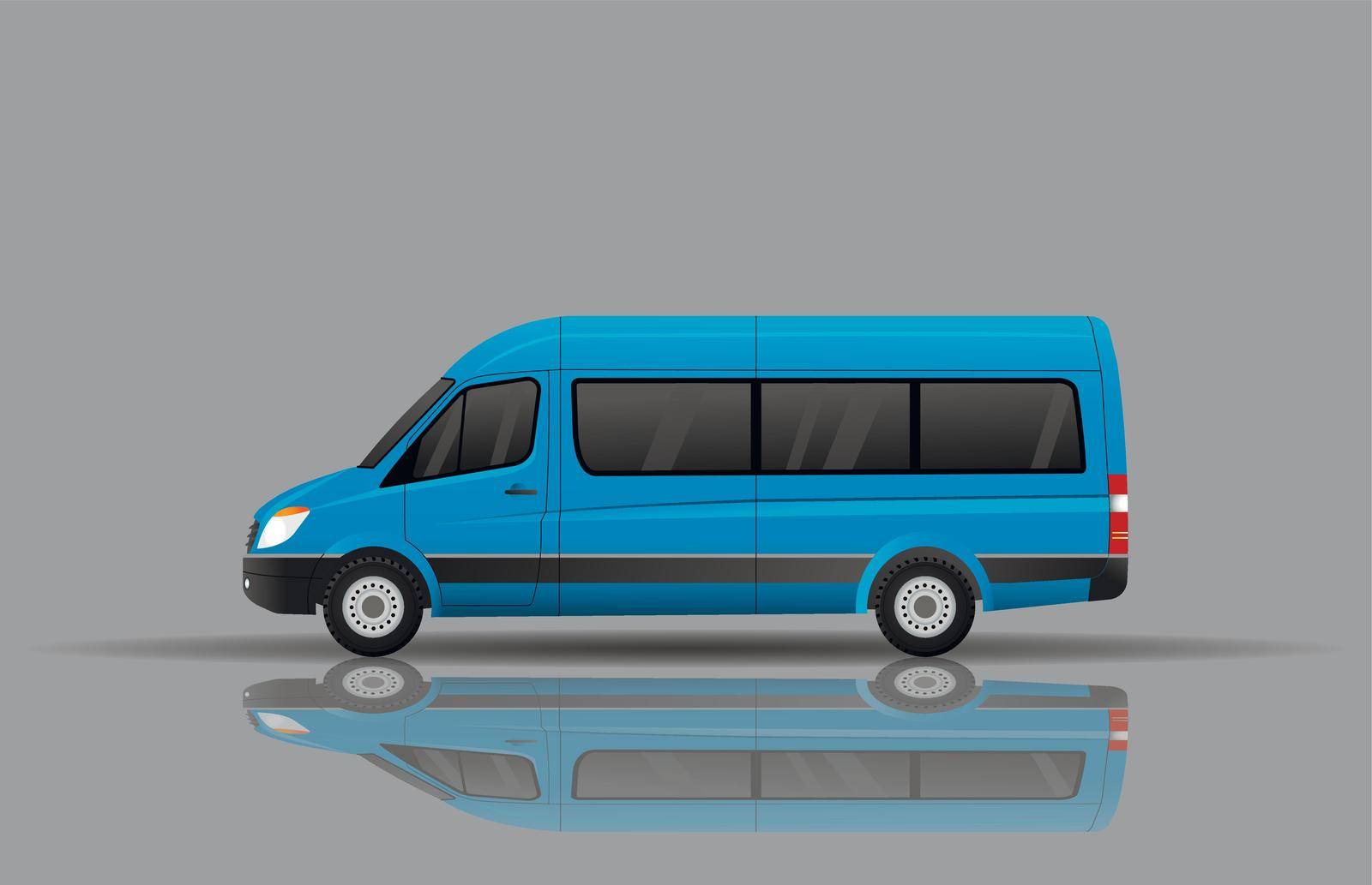 Blue passenger minibus, reflected on the ground. Urban transport. by AliaksaB