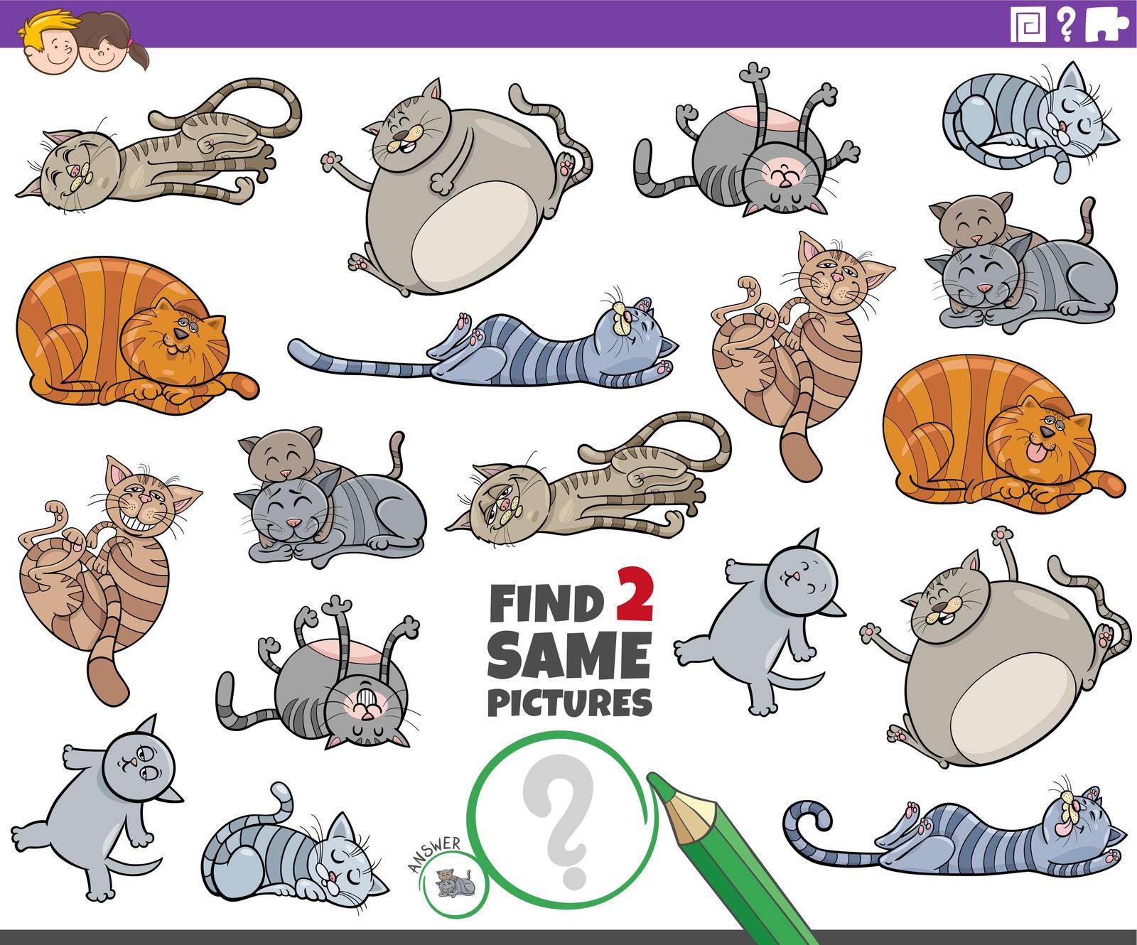 Cartoon illustration of finding two same pictures educational game with sleeping cats animal characters
