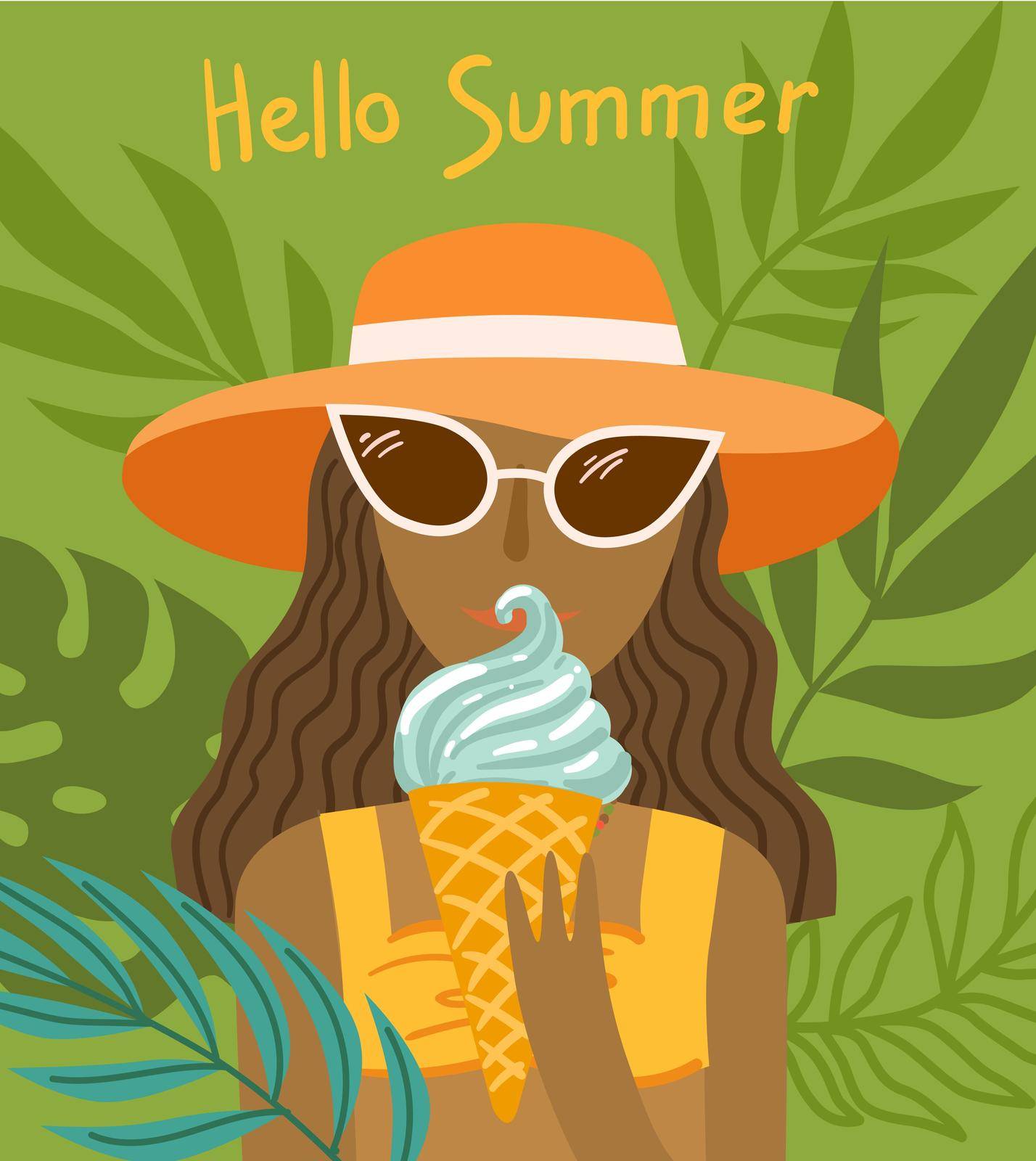 Woman in hat and sunglasses with ice cream. Beautiful vector illustration about summer.