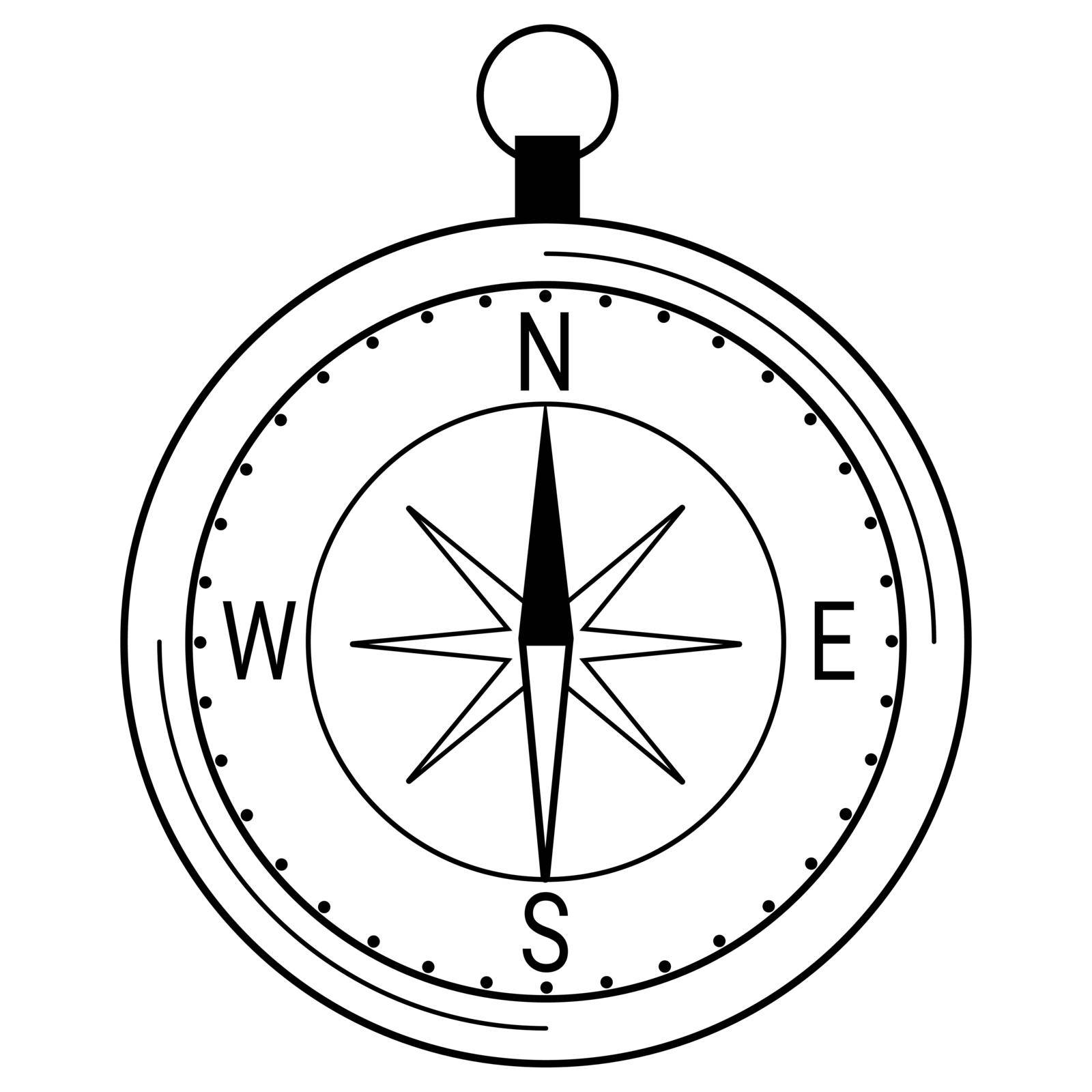 Hand drawn compass. Device for navigation. Determining the direction of the path. Doodle style. Scetch. Vector illustration