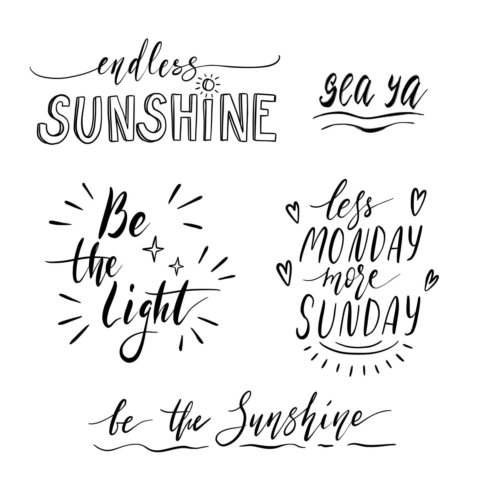 Hello Summer, Sunshine Hand drawn lettering design for apparel and stickers. Vitamin Sea modern brush calligraphy. Funny motivational quotes. by iliris