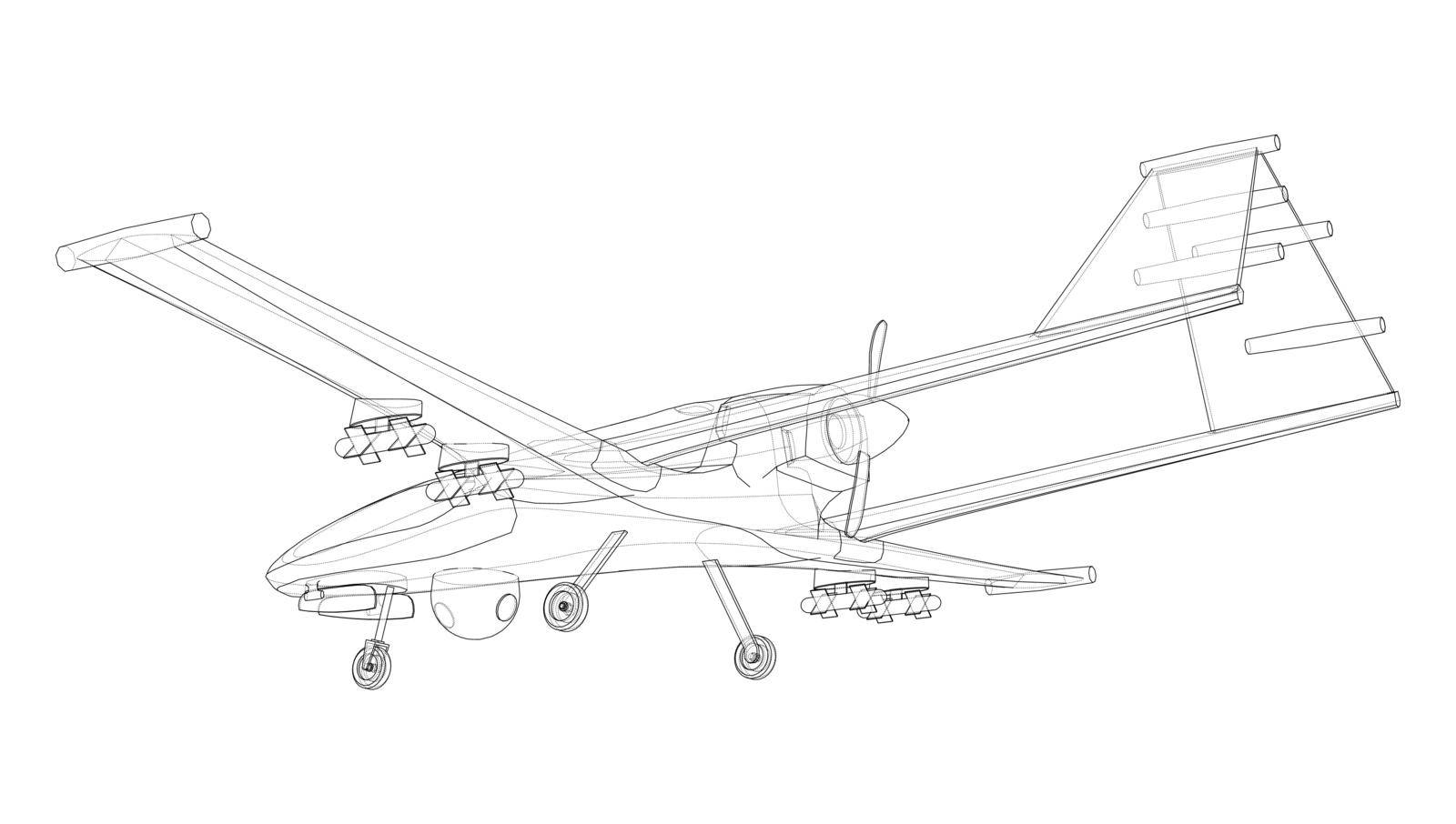 Military Predator Drone in wire-frame style. Vector rendering of 3d. The layers of visible and invisible lines are separated