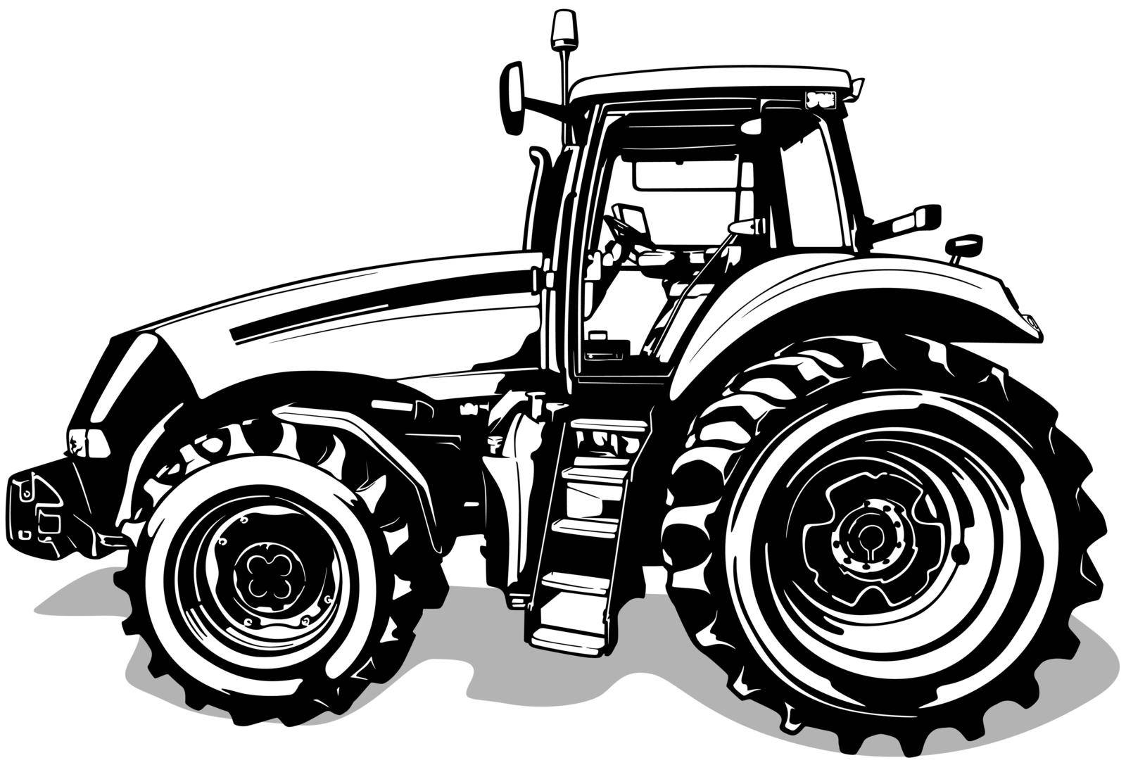 Drawing of Farm Tractor from Side View - Black Illustration Isolated on White Background, Vector