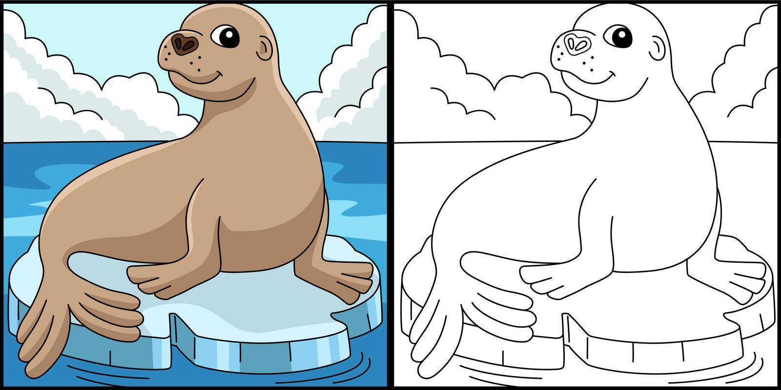 This coloring page shows a sea lion. One side of this illustration is colored and serves as an inspiration for children.