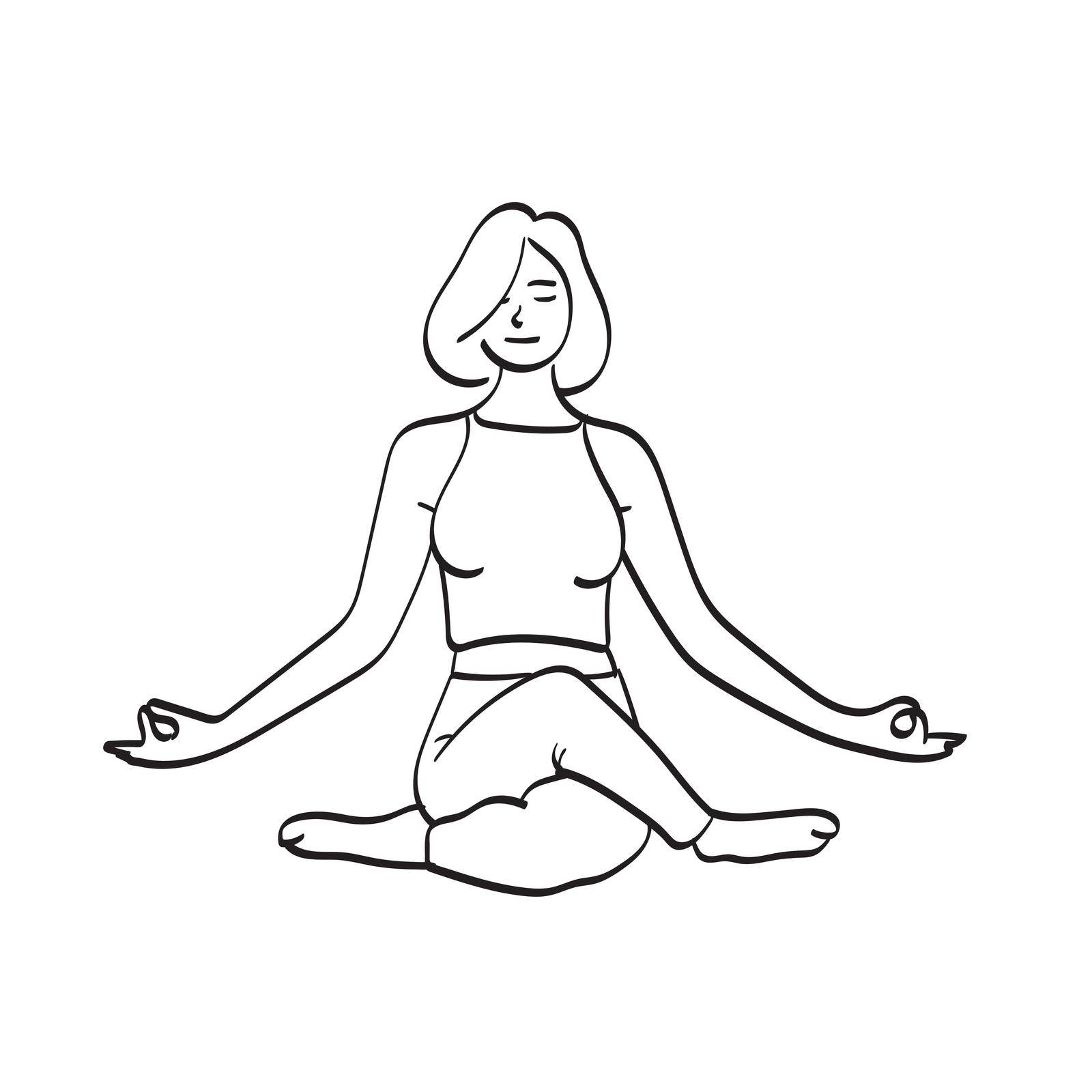 woman practices yoga and meditates in the lotus position illustration vector hand drawn isolated on white background line art.