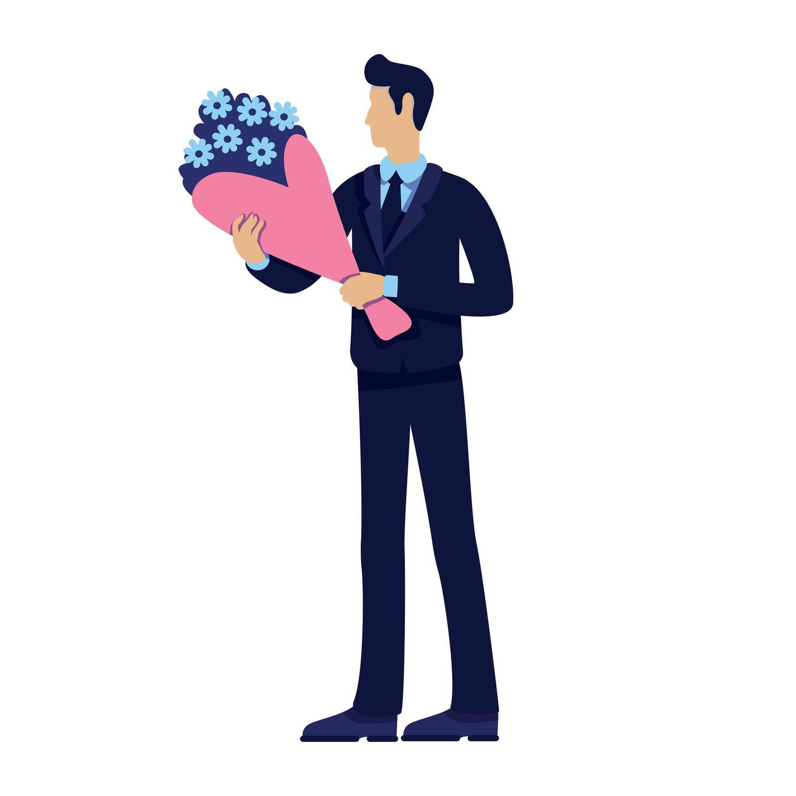 Man in suit with floral arrangement semi flat color vector character. Standing figure. Full body person on white. Simple cartoon style illustration for web graphic design and animation