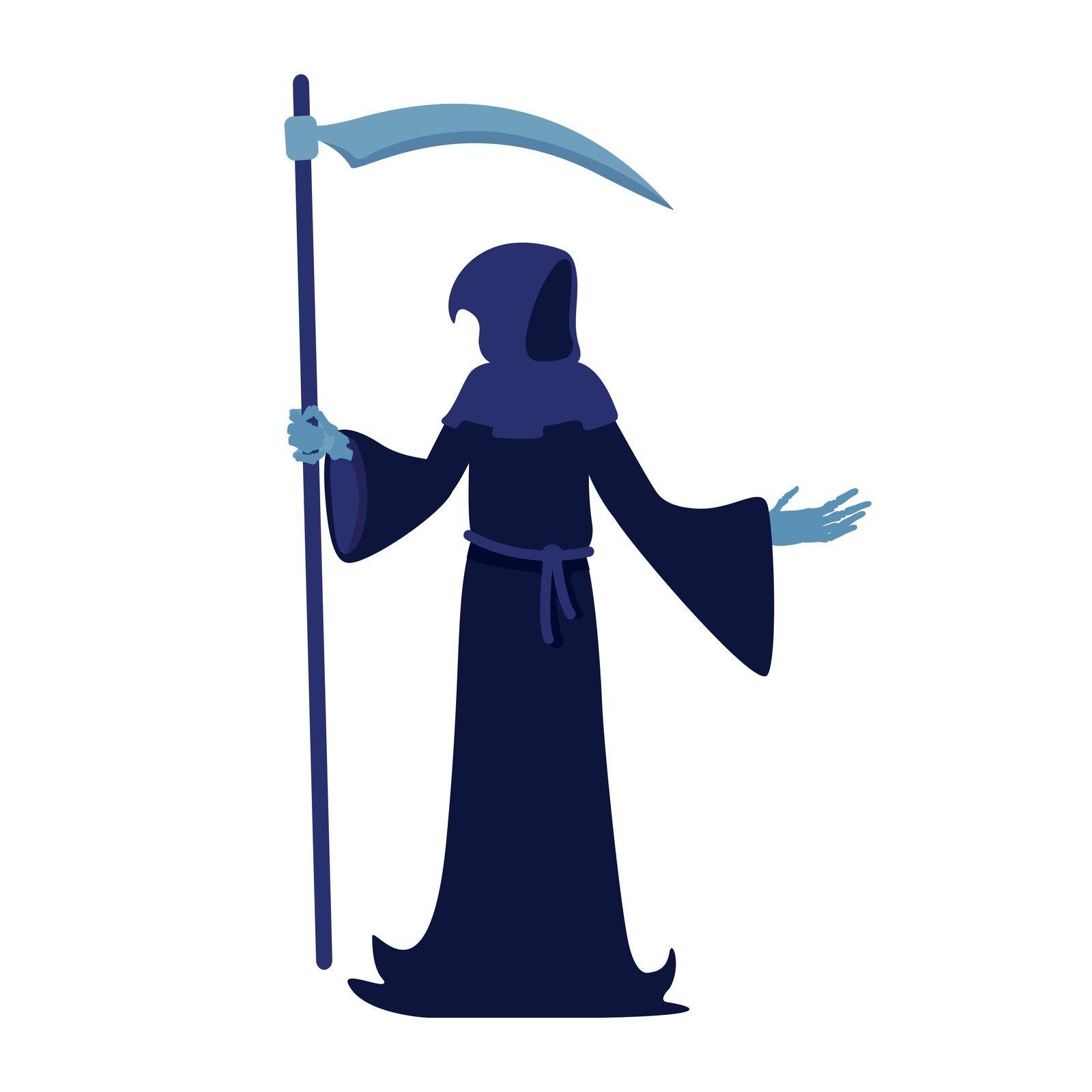 Death with scythe semi flat color vector character. Full body person on white. Fictional personage wearing black hooded cloak. Simple cartoon style illustration for web graphic design and animation