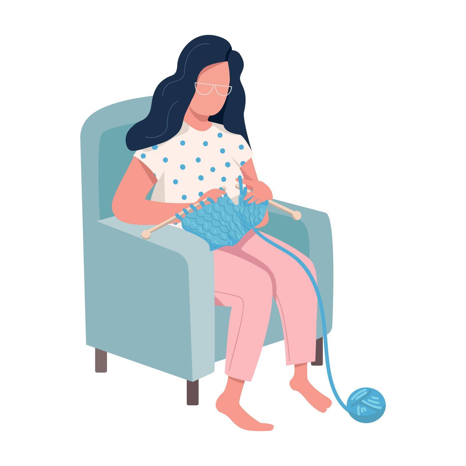 Woman knitting in armchair semi flat color vector character by ntl