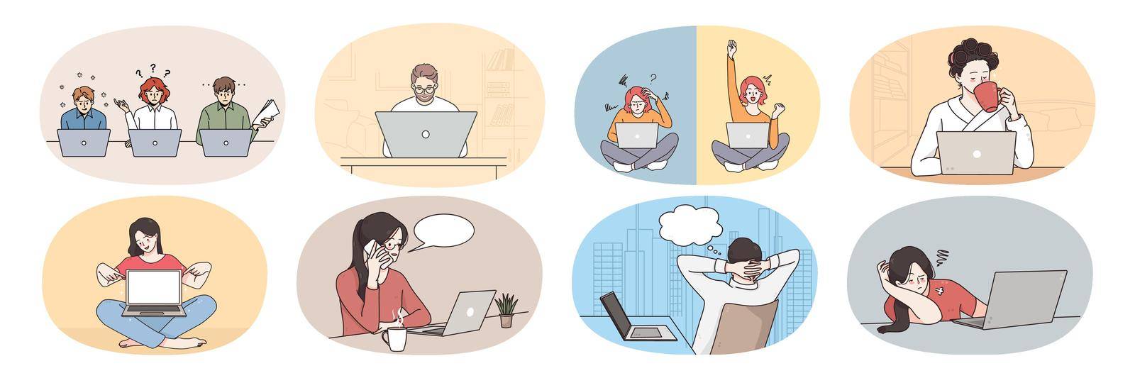 Collection of young people use computer communicate online on gadget. Set of men and women study on web, browse internet on laptop or surf social medial. Flat vector illustration.