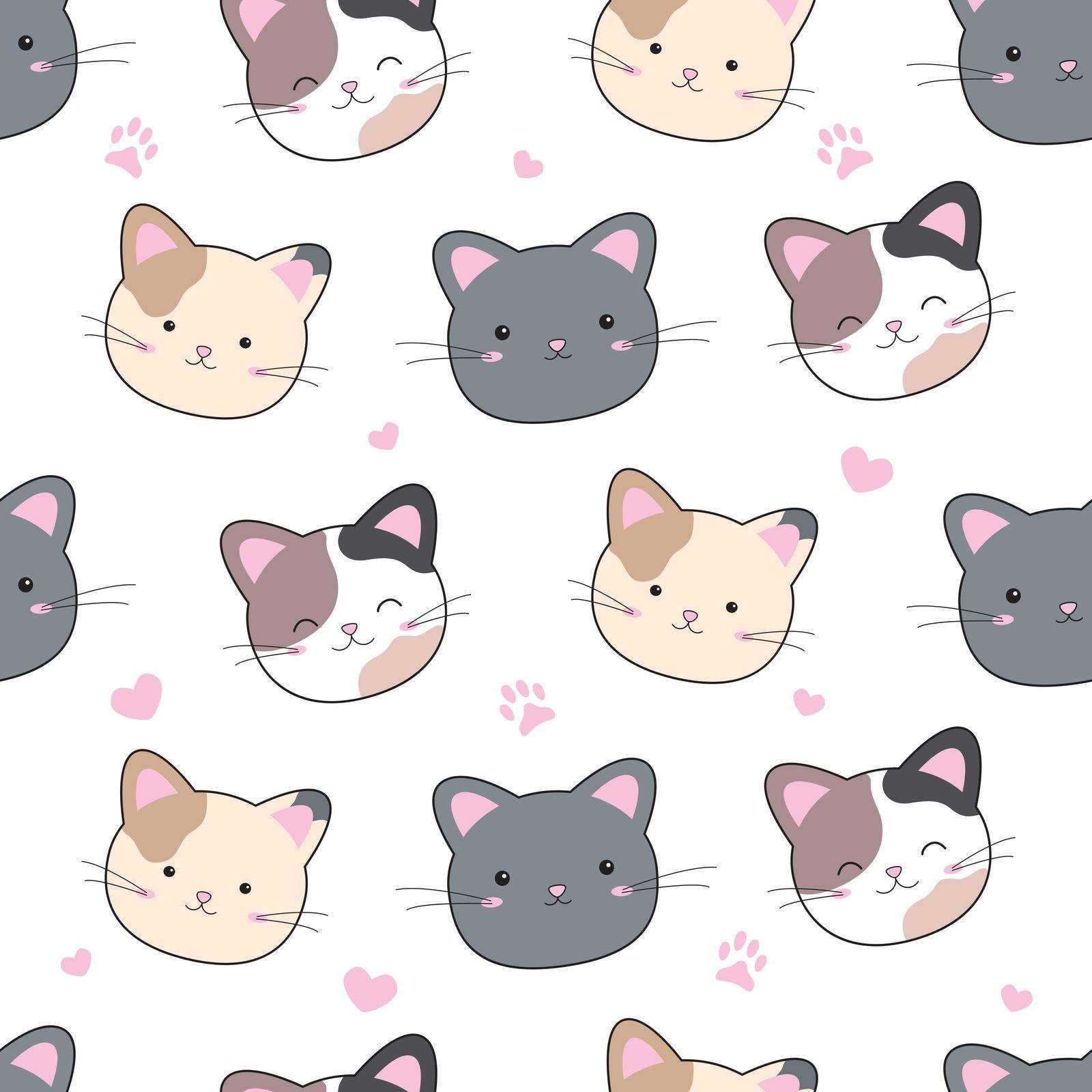 Cat and heart seamless pattern on white background vector illustration by Myimagine