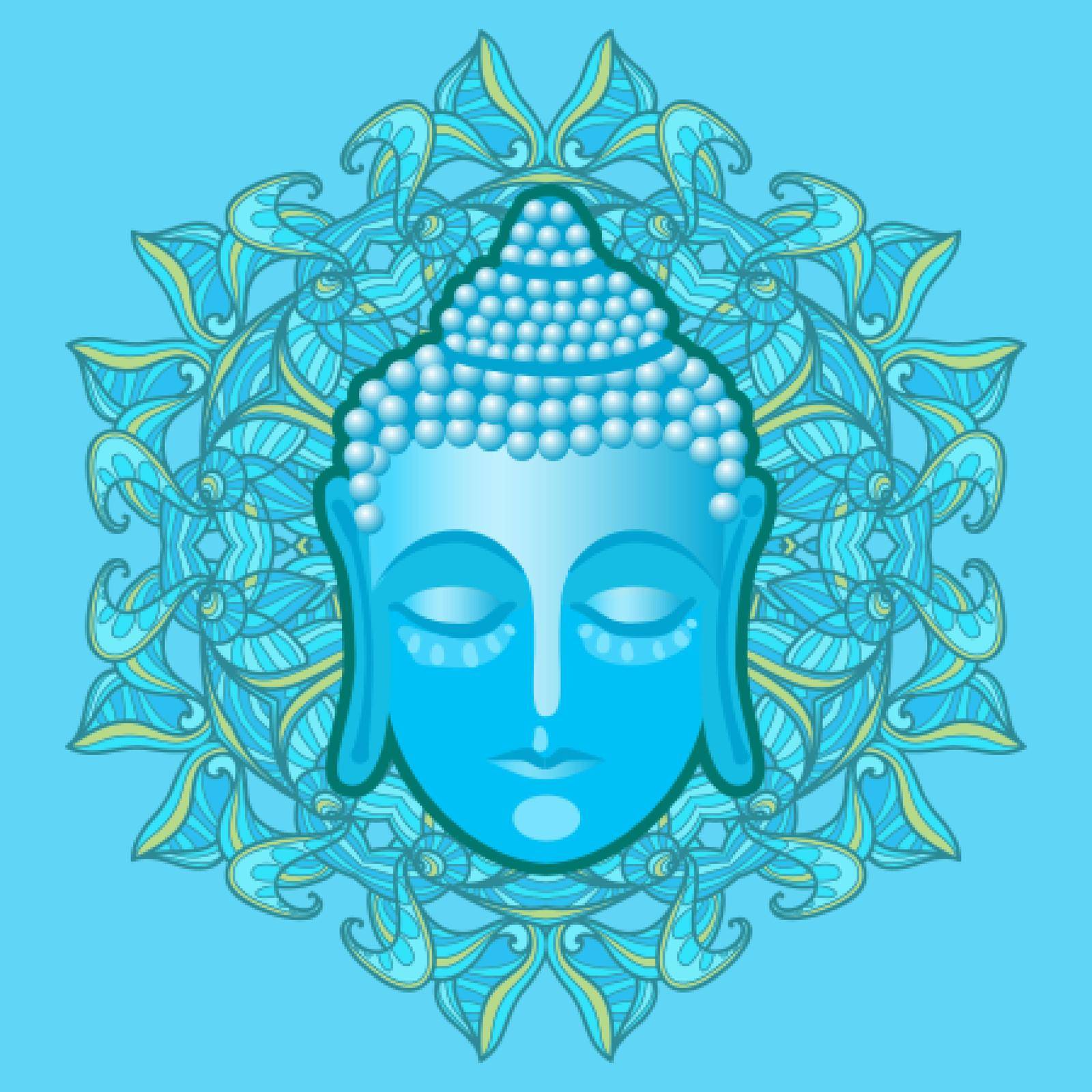 Head of buddha in blue mandala. Vector illustration with symbol of buddhism.