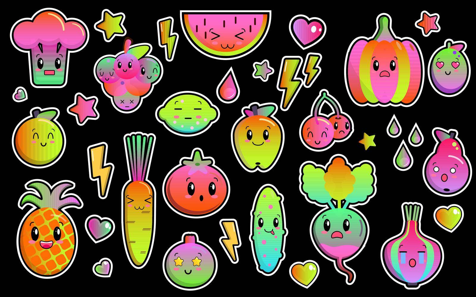 A set of colorful images of cute kawaii vegetables and fruits. Neon color. Funny food, characters for kids. Vector illustration.