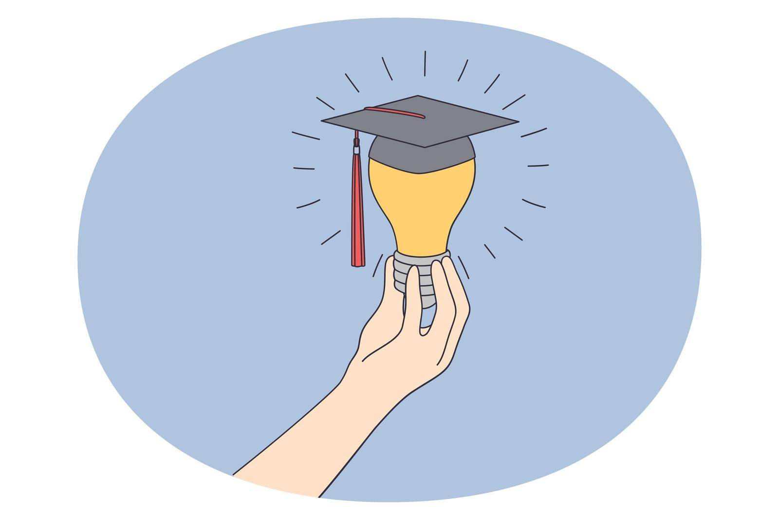 Person hand hold lightbulb with graduation cap for education and knowledge. Concept of generating idea and business startups. Intelligence and learning for self-development. Vector illustration.
