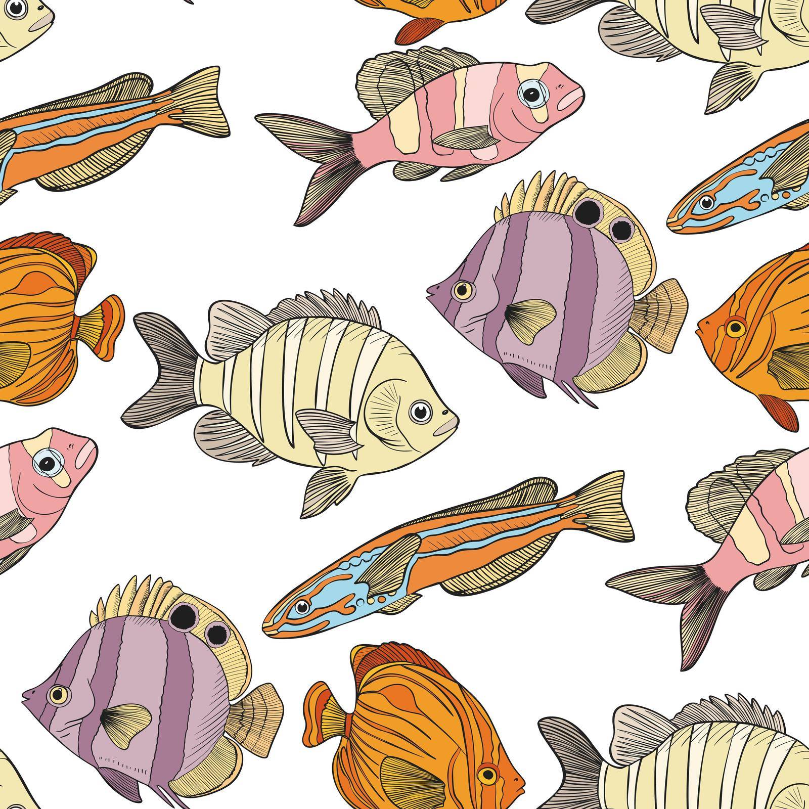 Seamless Pattern with hand drawn Sea Fishes. Cartoon Ocean Life Background. Sea animals texture. by iliris