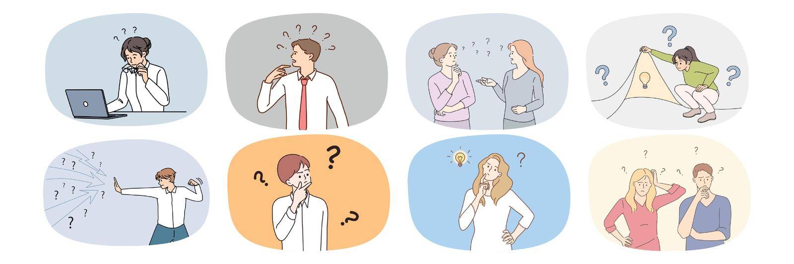 Set of confused diverse people with question mark wonder about problem solution. Collection of persons frustrated about issue solving look for answer. Dilemma concept. Vector illustration.