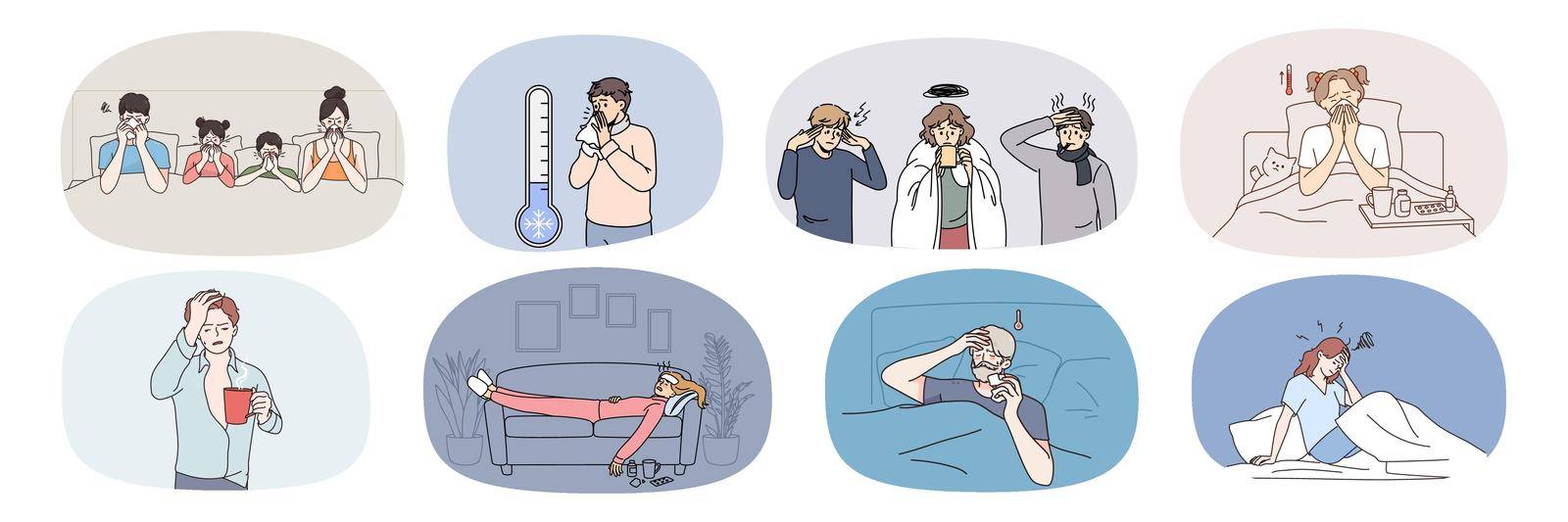 Collection of diverse unhealthy people have flu or fever cough and sneeze with high temperature. Set of sick humans on isolation stay at home have covid-19. Healthcare. Vector illustration.