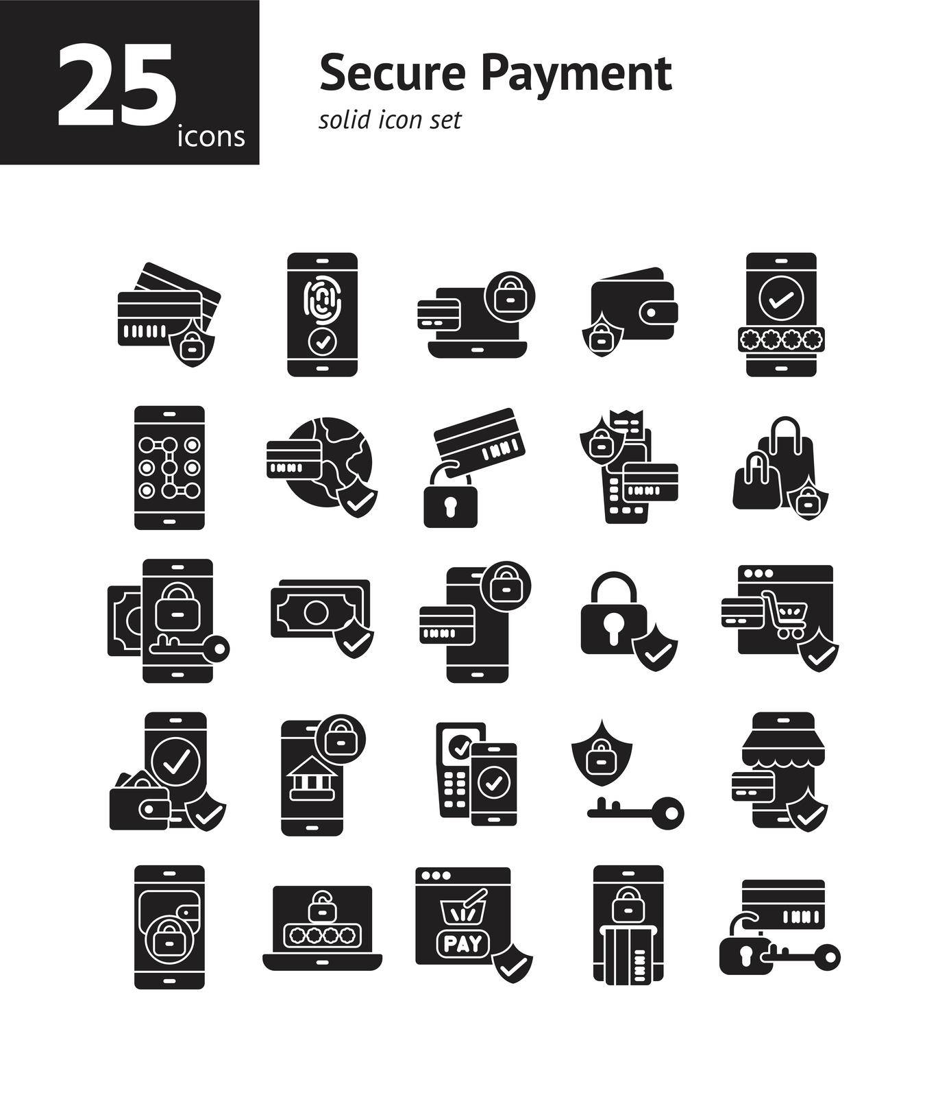 Secure Payment solid icon set. by doraclub