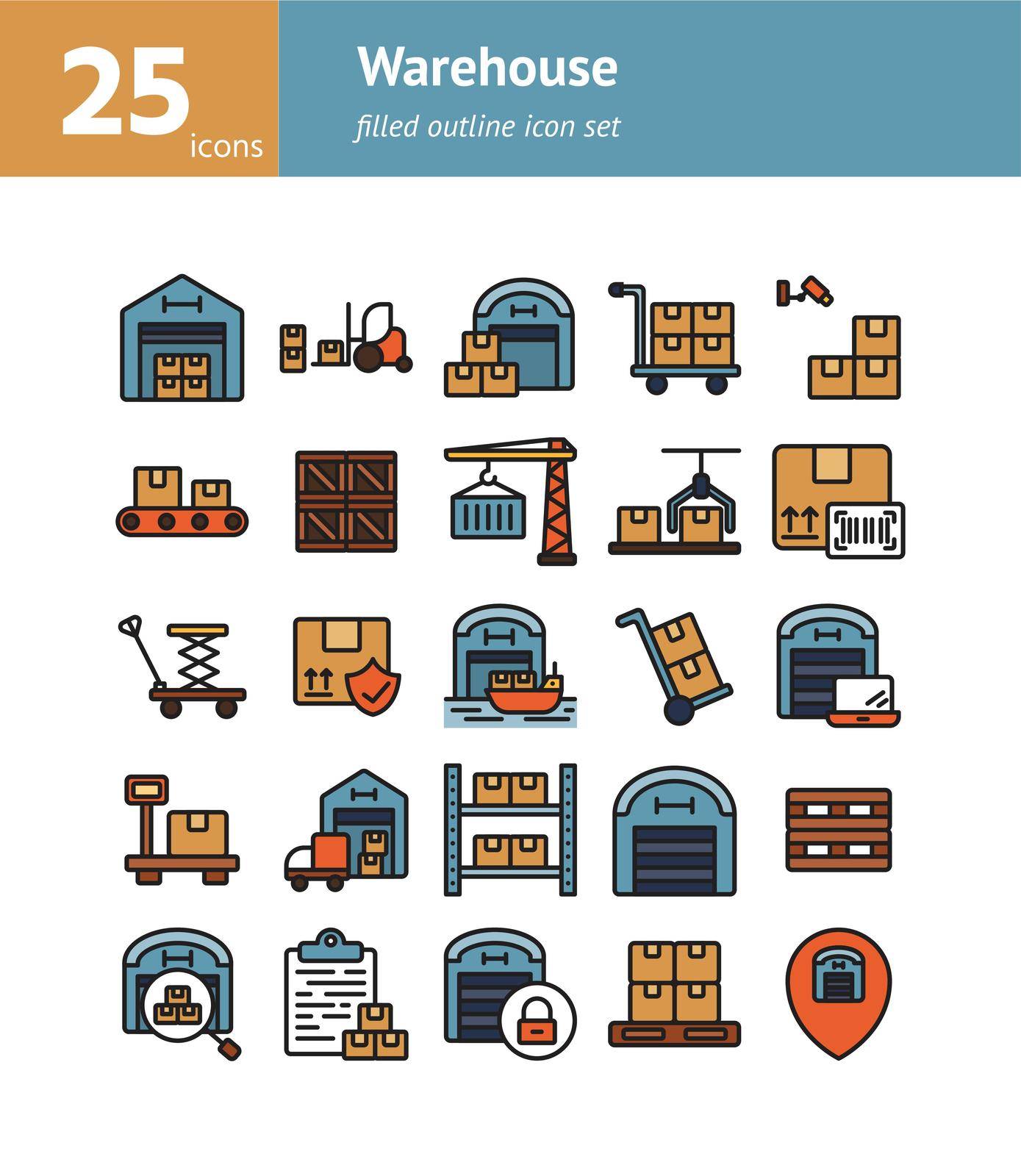 Warehouse filled outline icon set. by doraclub