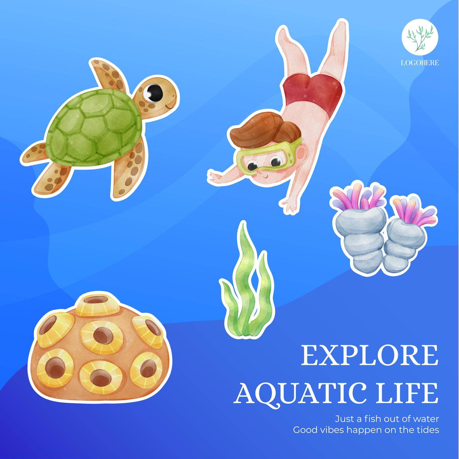 Sticker template with explore ocean world concept,watercolor style by Photographeeasia