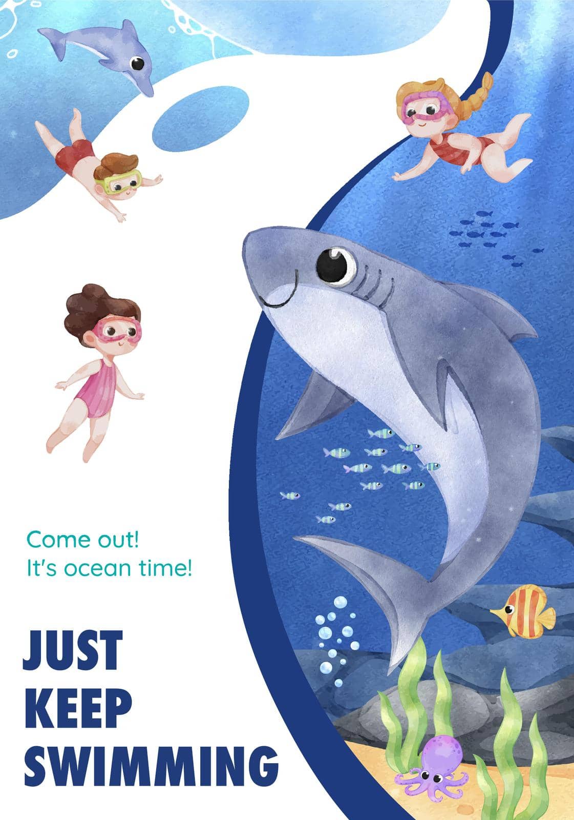 Poster template with explore ocean world concept,watercolor style
