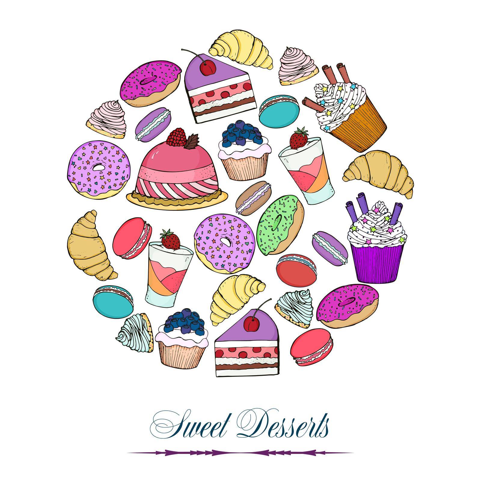 Sweet food Desserts Doodle Set. Collection of Pasticceria Food hand drawn. by iliris