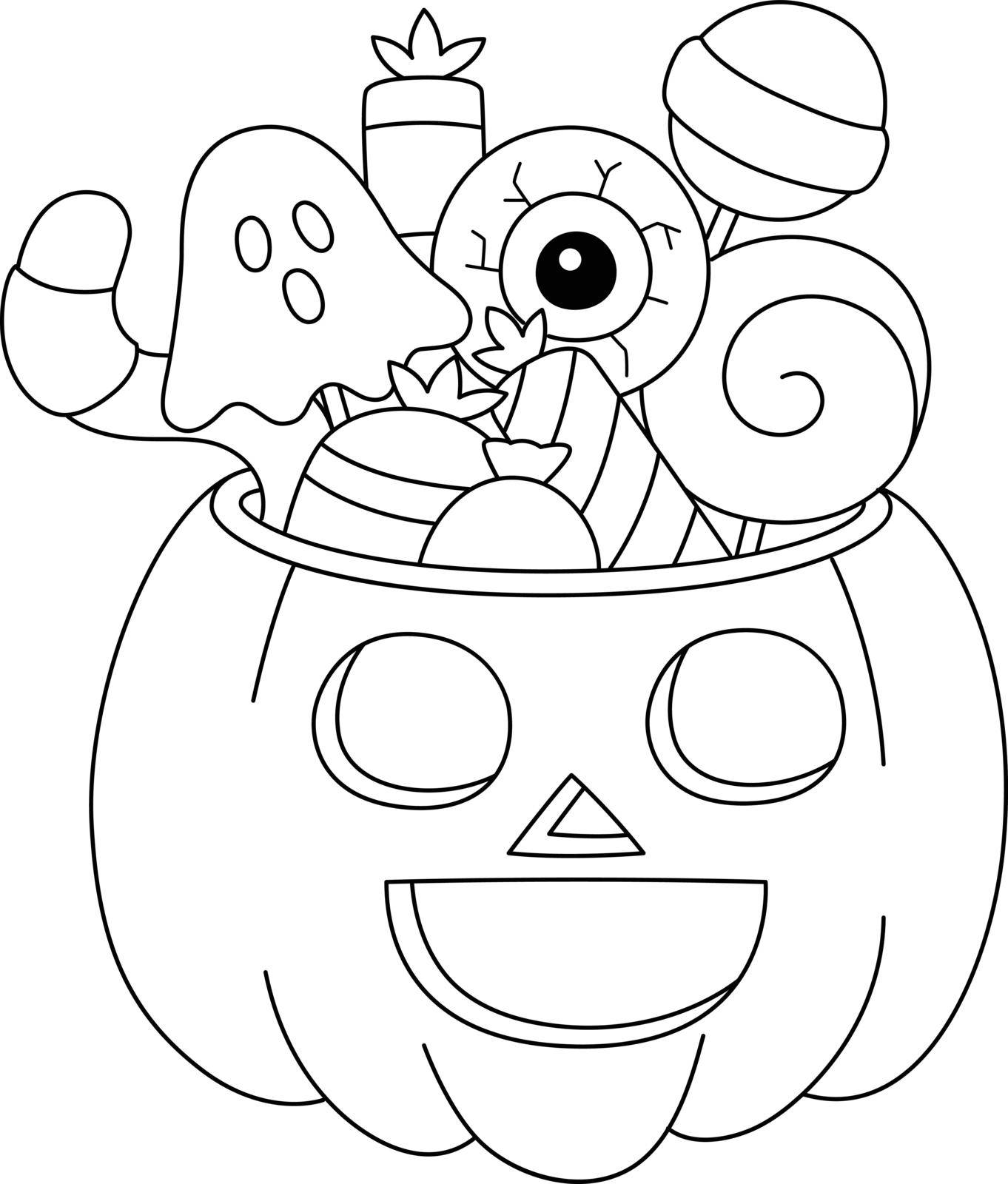 A cute and funny coloring page a trick-or-treat pumpkin. Provides hours of coloring fun for children. To color, this page is very easy. Suitable for little kids and toddlers.
