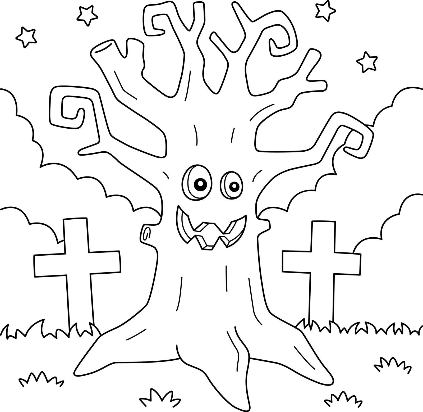 A cute and funny coloring page of a scary tree halloween. Provides hours of coloring fun for children. To color, this page is very easy. Suitable for little kids and toddlers.
