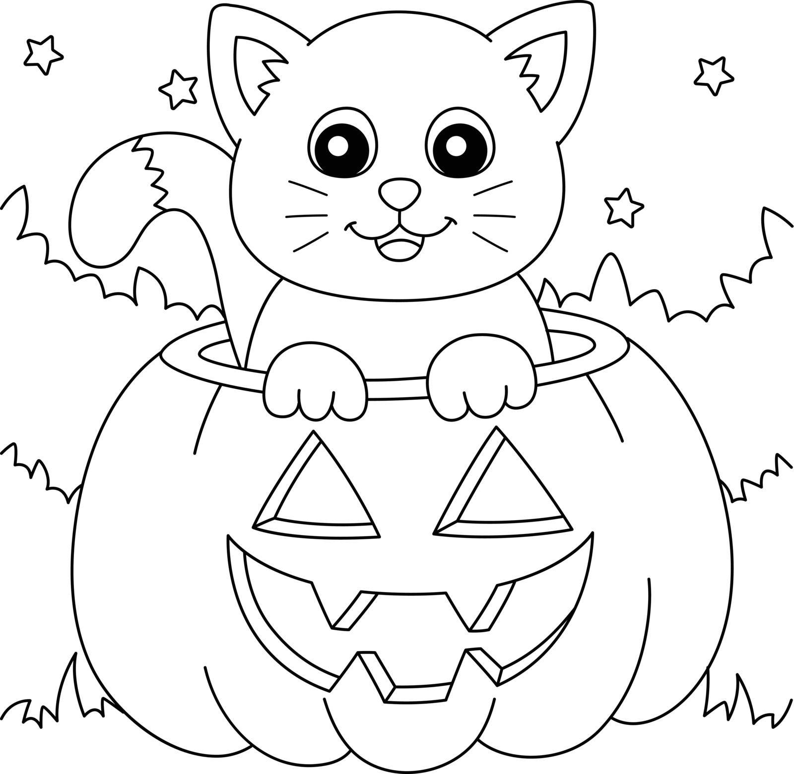 A cute and funny coloring page of a pumpkin cat on Halloween. Provides hours of coloring fun for children. To color, this page is very easy. Suitable for little kids and toddlers.