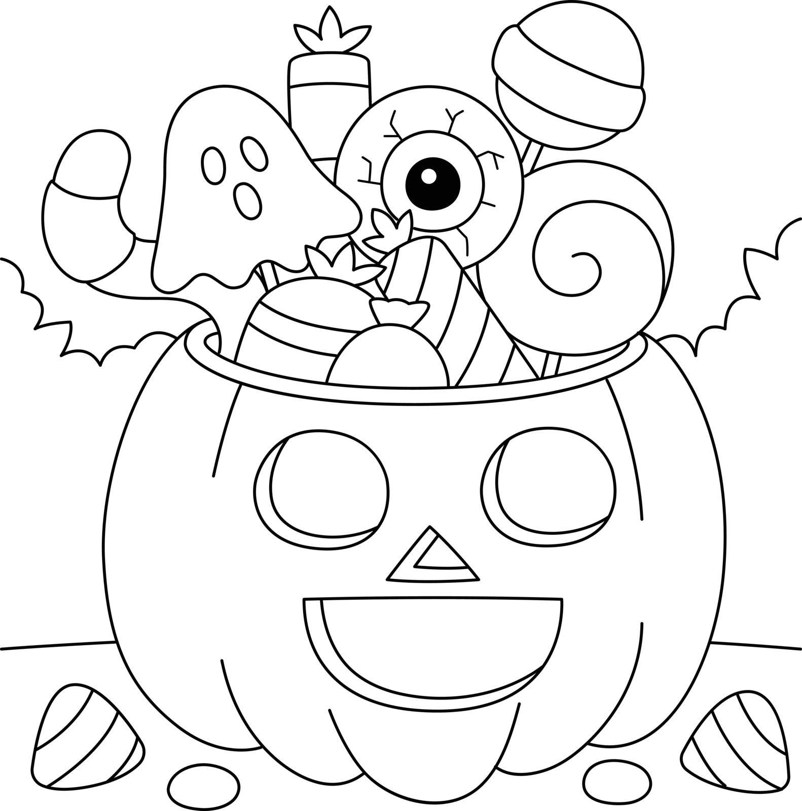 A cute and funny coloring page of a trick-or-treat pumpkin. Provides hours of coloring fun for children. To color, this page is very easy. Suitable for little kids and toddlers.
