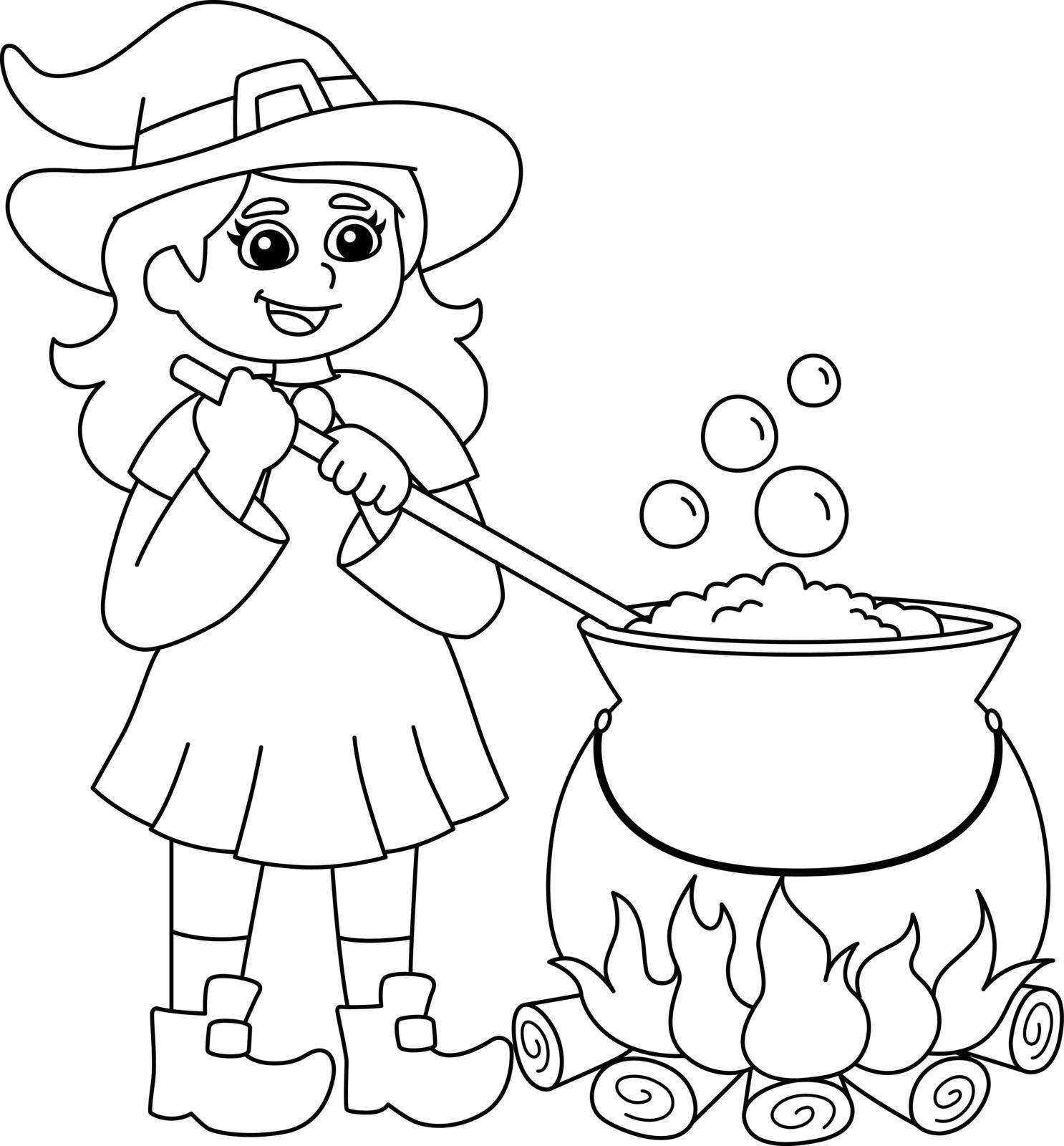 A cute and funny coloring page of a witch and potion pot. Provides hours of coloring fun for children. To color, this page is very easy. Suitable for little kids and toddlers.