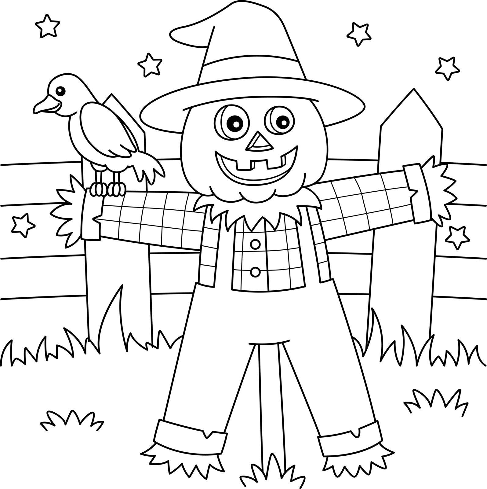 A cute and funny coloring page of a scarecrow Halloween. Provides hours of coloring fun for children. To color, this page is very easy. Suitable for little kids and toddlers.