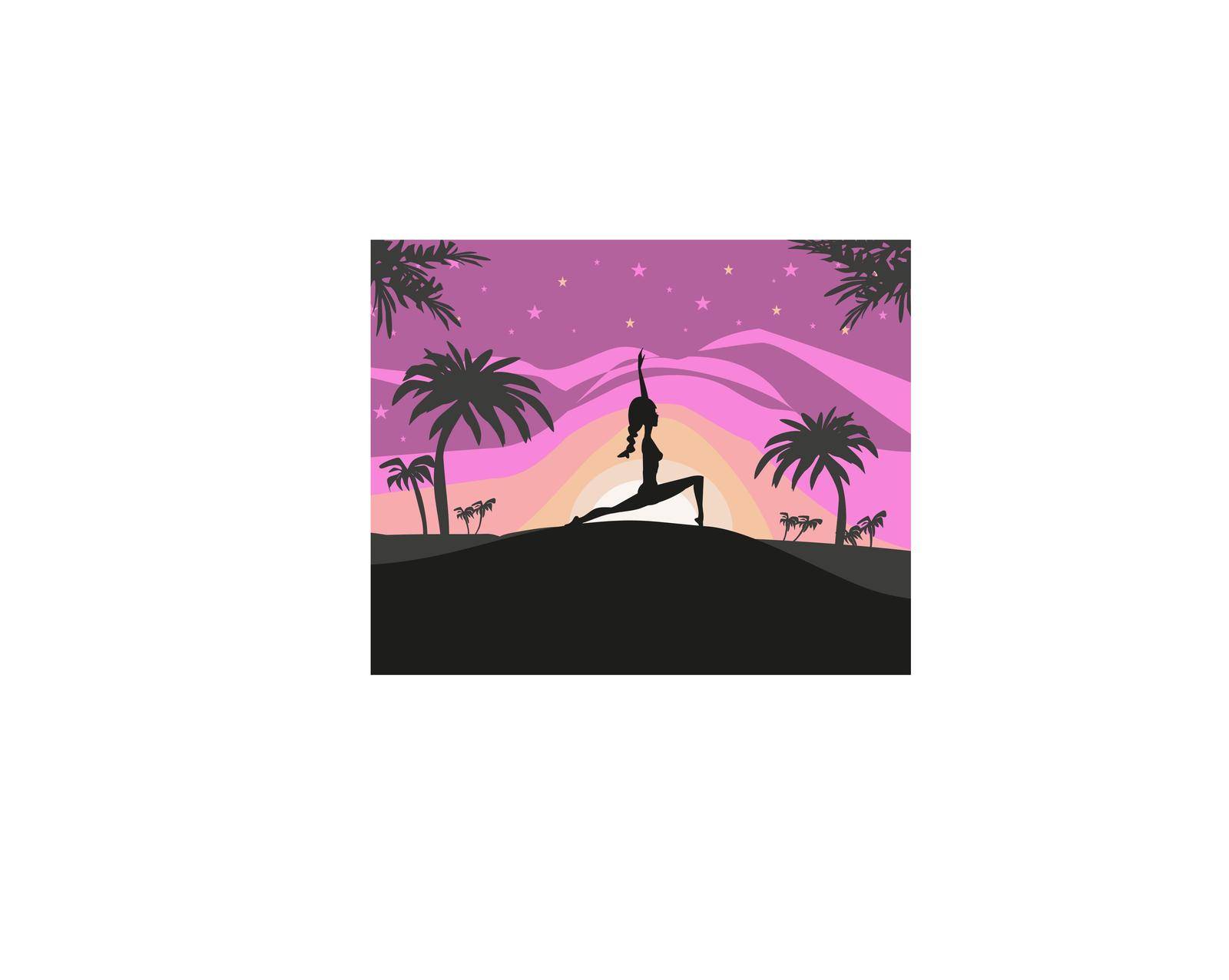 Silhouette woman practicing yoga on the beach at sunset.