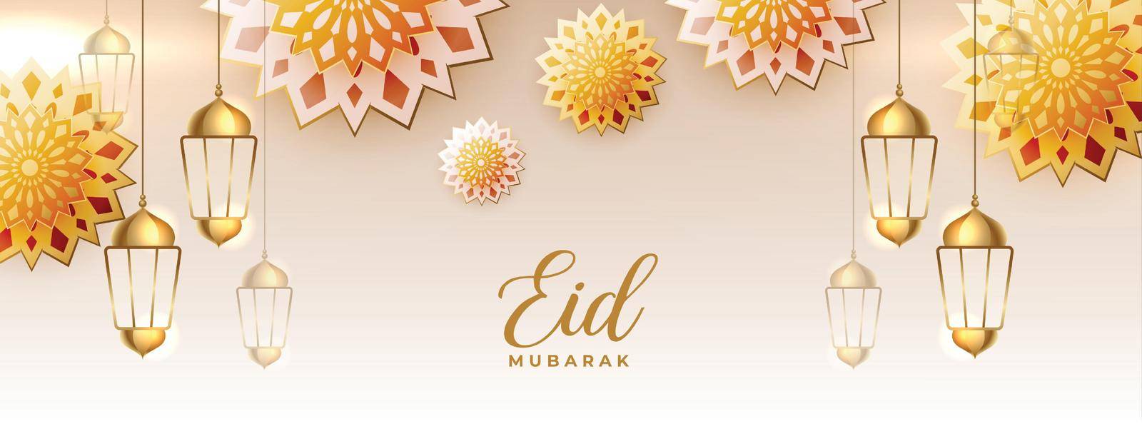 realistic eid mubarak festival banner with hanging lanterns
