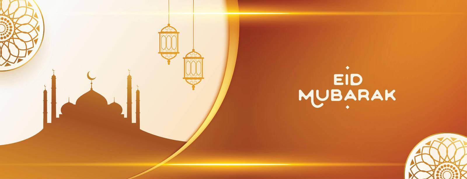 eid mubarak banner with shiny lights mosque and lanterns