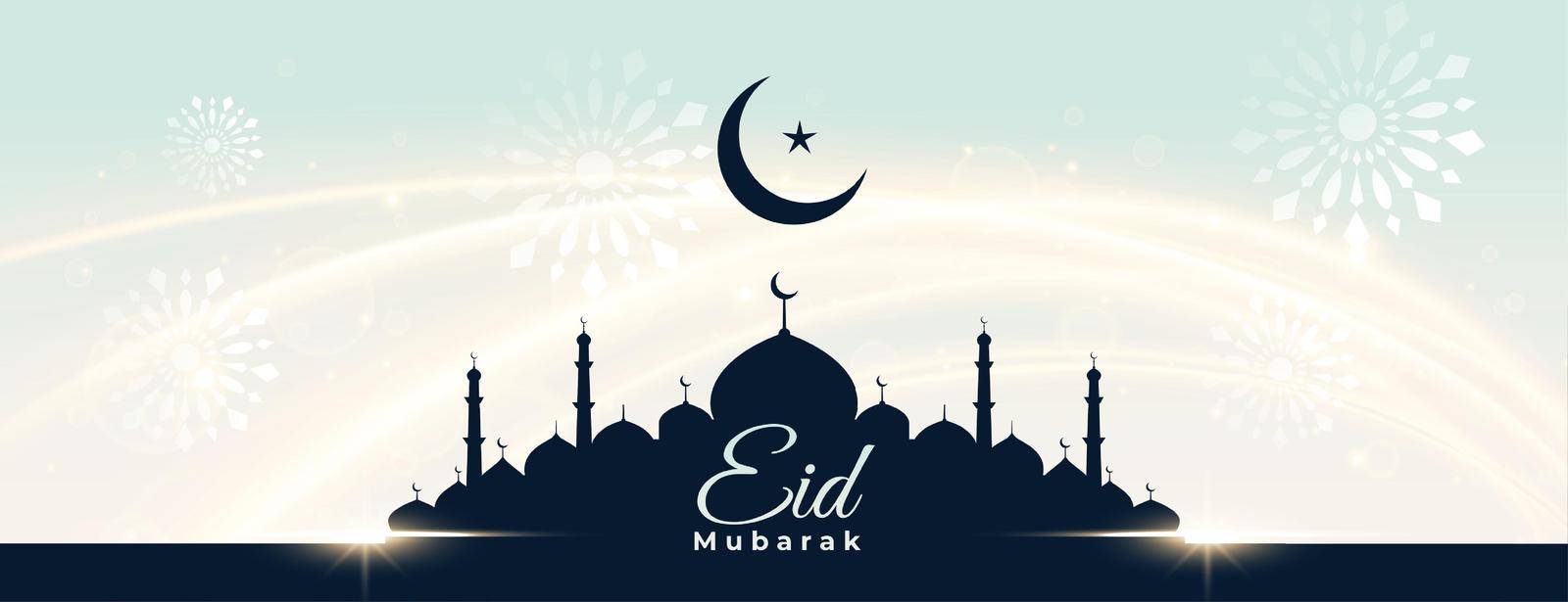 islamic eid mubarak festival banner with mosque and moon design