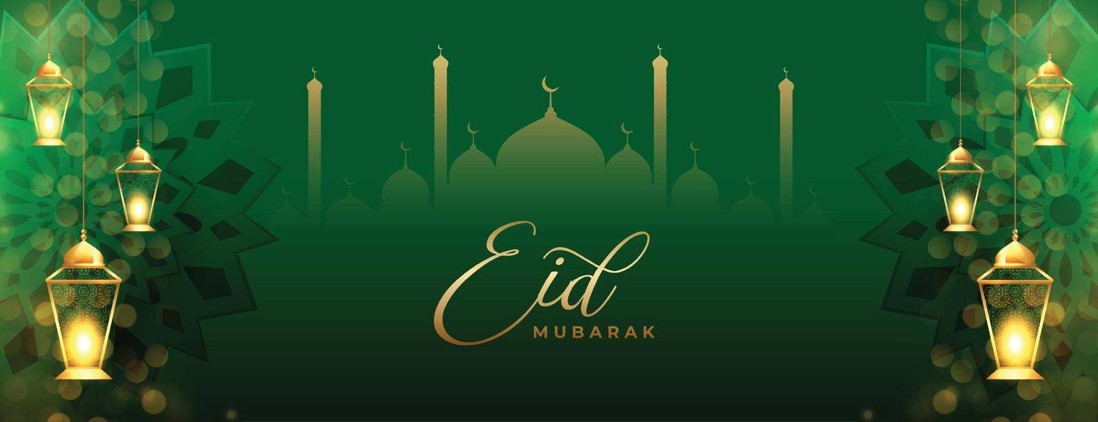 muslim eid festival green banner with lantern decoration