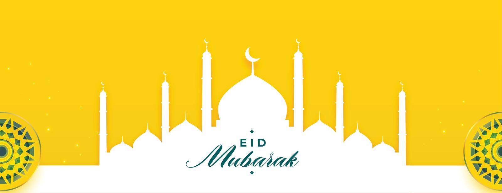 flat yellow eid mubarak muslim festival banner with mosque design