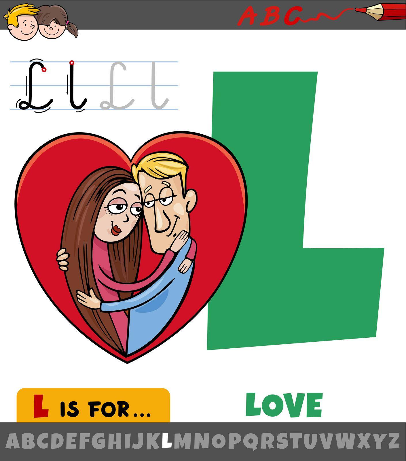 Educational cartoon illustration of letter L from alphabet with love word