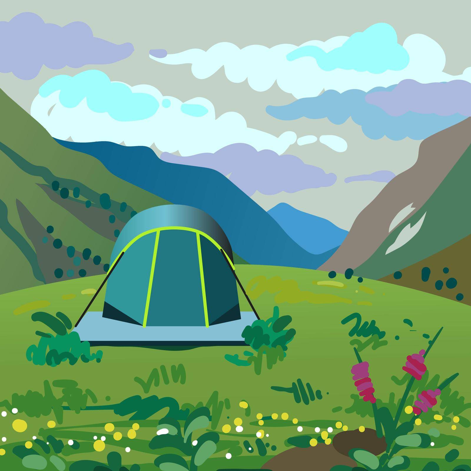 Tent in the mountains. Beautiful vector illustration with mountain landscape.