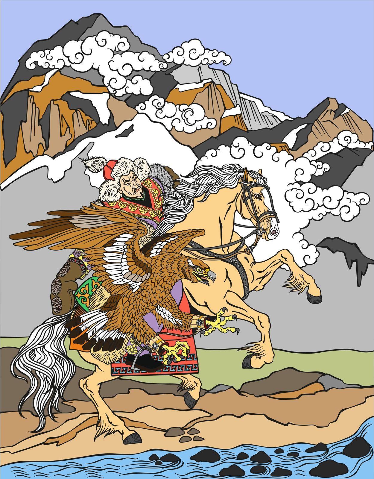 Hunting with a golden eagle on a horse. Kazakh nomad hunter wearing a fur jacket, hat and skin gloves and sitting on pony horseback in the gallop. Traditional falconry in the Eurasian Steppe. Illustration