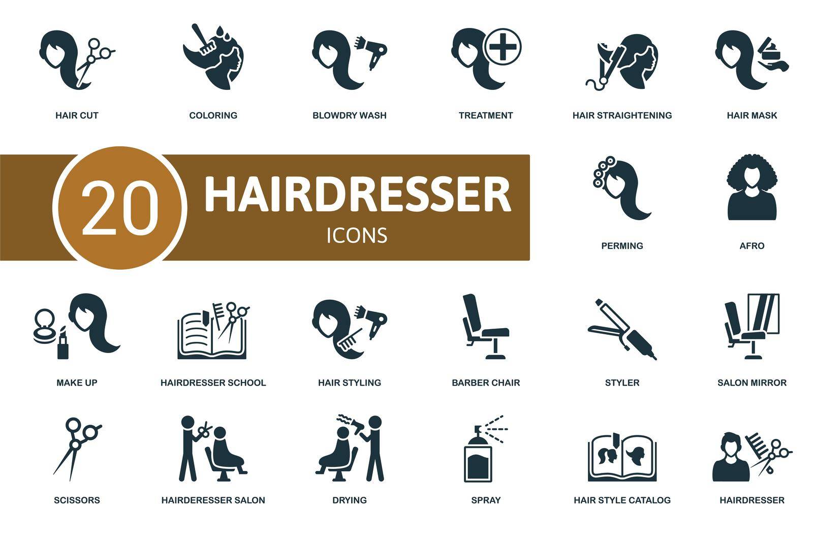 Hairdresser set icon. Contains hairdresser illustrations such as coloring, treatment, hair mask and more