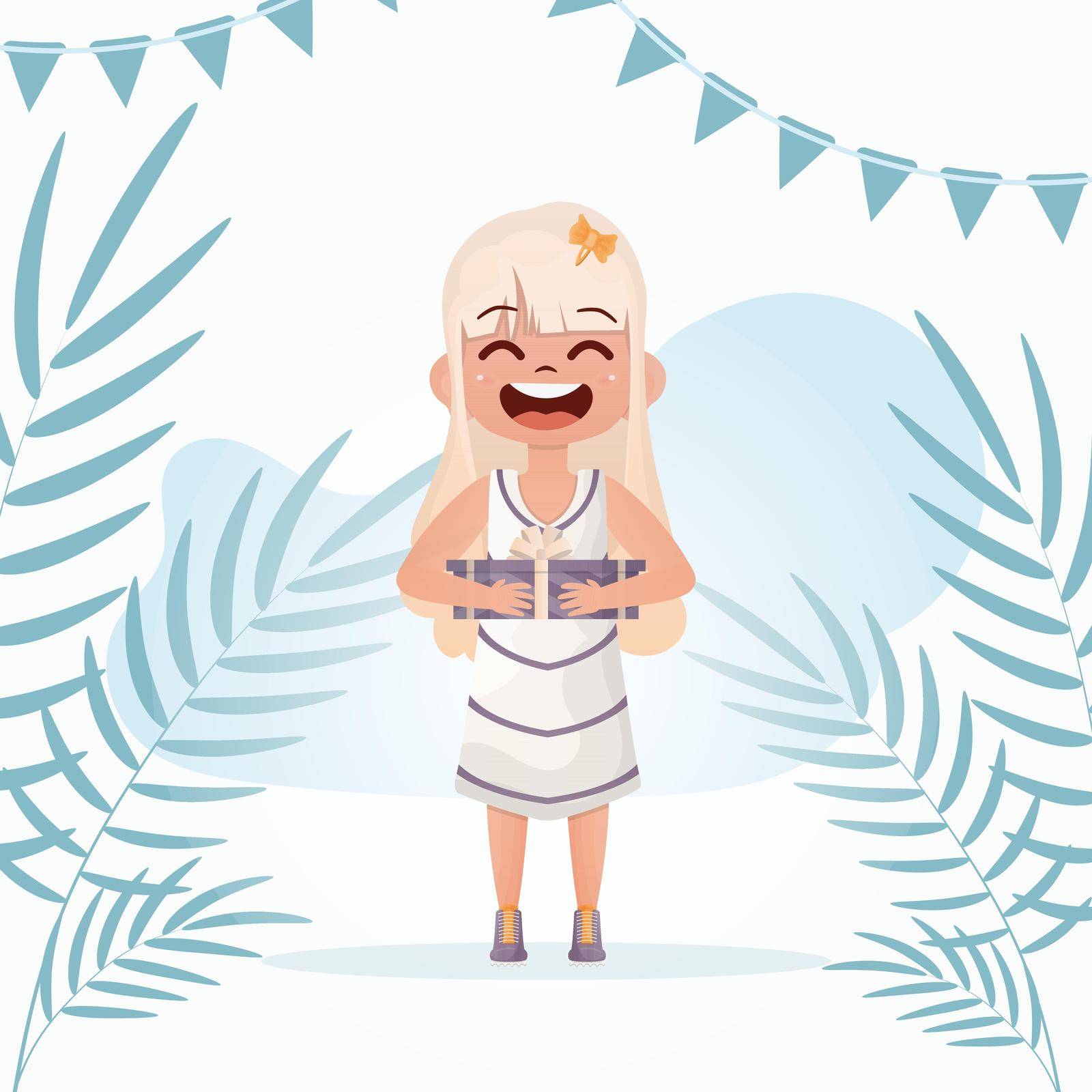 Smiling cute little girl holding a gift. Birthday. Flat style. Vector illustration