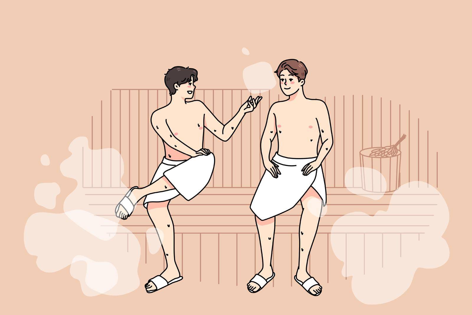 Happy male friends in towels relax in sauna on weekend together. Smiling men enjoy bathhouse relaxation, rest in spa or wellness center. Relaxation and recreation. Vector illustration.