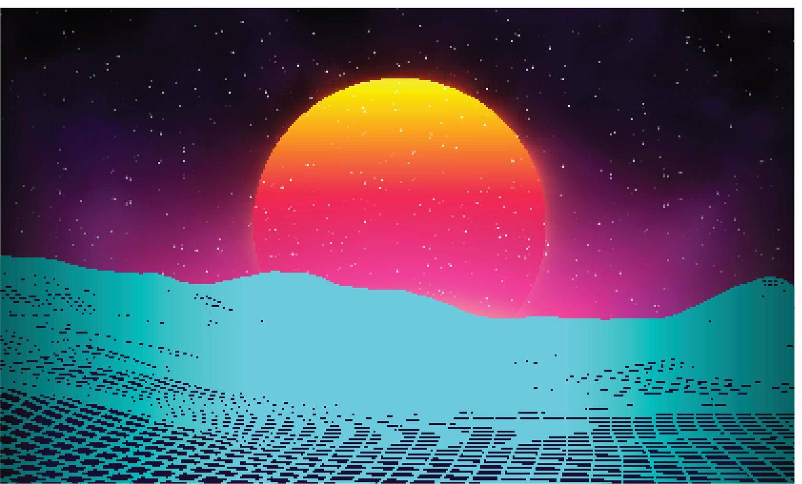 Retro background futuristic landscape 1980s style. Digital retro landscape cyber surface. Retro music album cover template sun, space, mountains . 80s Retro Sci-Fi Background Summer Landscape. by DmytroRazinkov