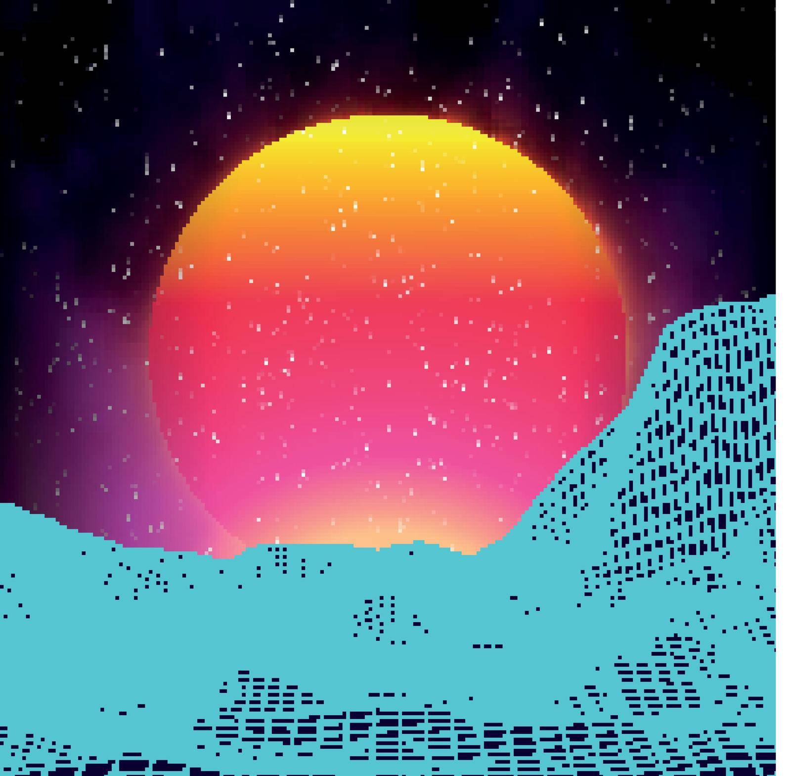Retro background futuristic landscape 1980s style. Digital retro landscape cyber surface. Retro music album cover template sun, space, mountains . 80s Retro Sci-Fi Background Summer .