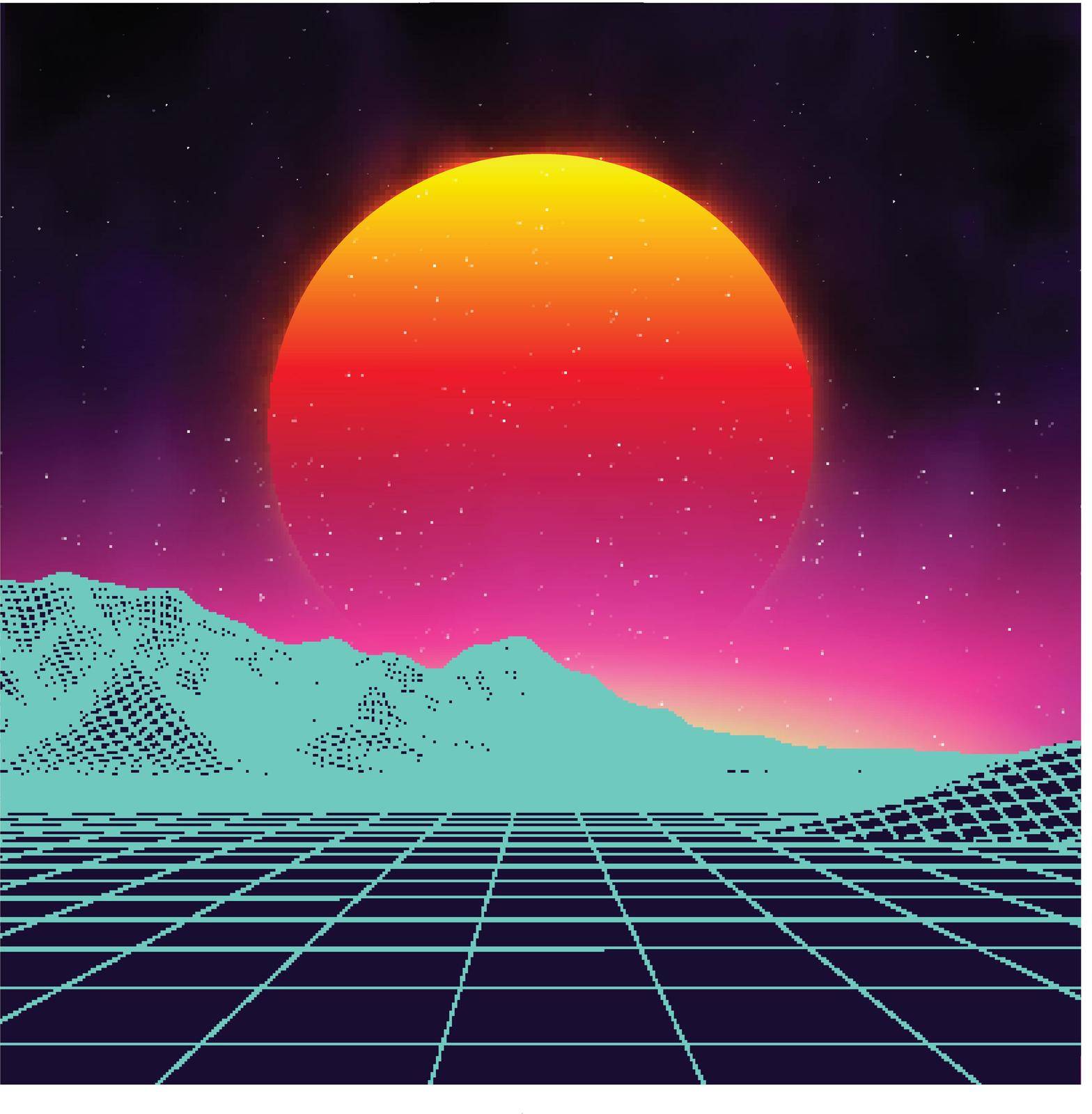 Retro background futuristic landscape 1980s style. Digital retro landscape cyber surface. Retro music album cover template sun, space, mountains . 80s Retro Sci-Fi Background Summer .