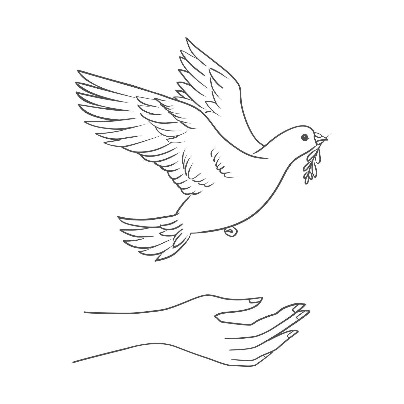 Peace dove with olive branch in the beak flying and hands down. by Vladimir90
