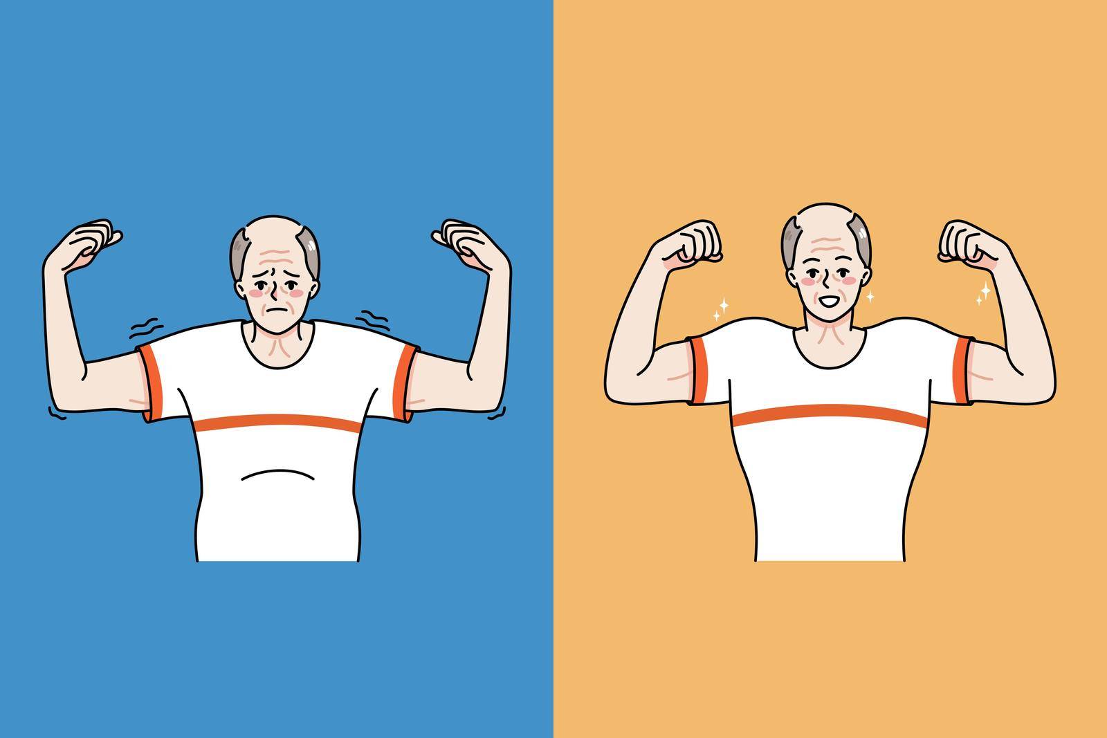 Old man before and after sport and physical activity. Weak and strong senior grandfather life change. Male pensioners show good results of exercise and workouts. Vector illustration.