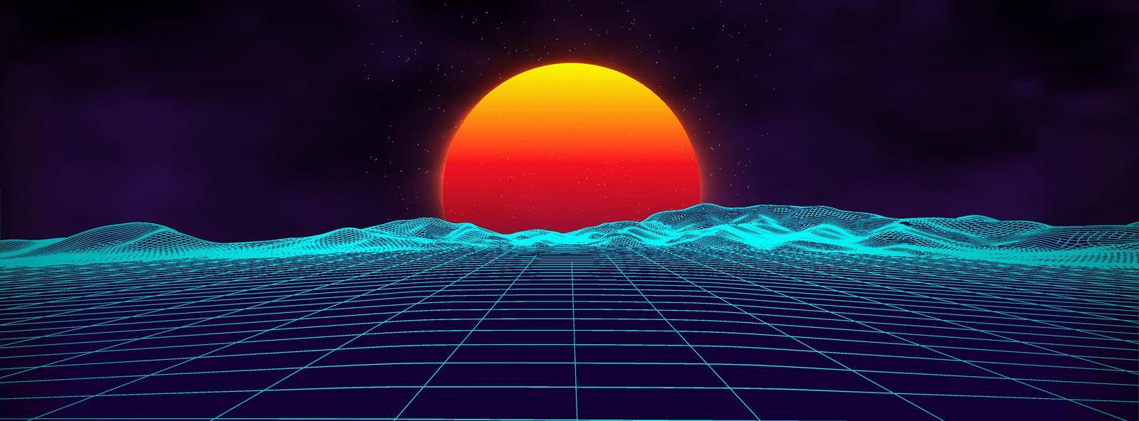 Retro background futuristic landscape 1980s style. Digital retro landscape cyber surface. 80s party background . Retro 80s fashion Sci-Fi Background Summer .