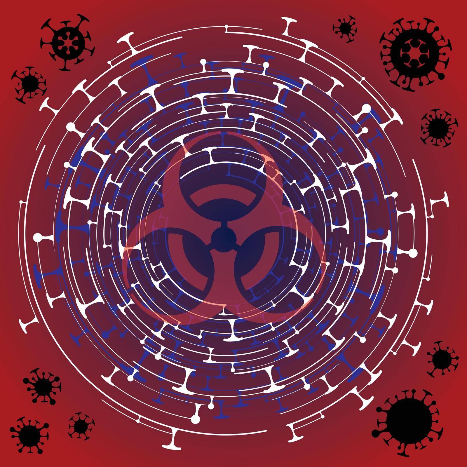 Corona virus biohazard sign on red background by kisika